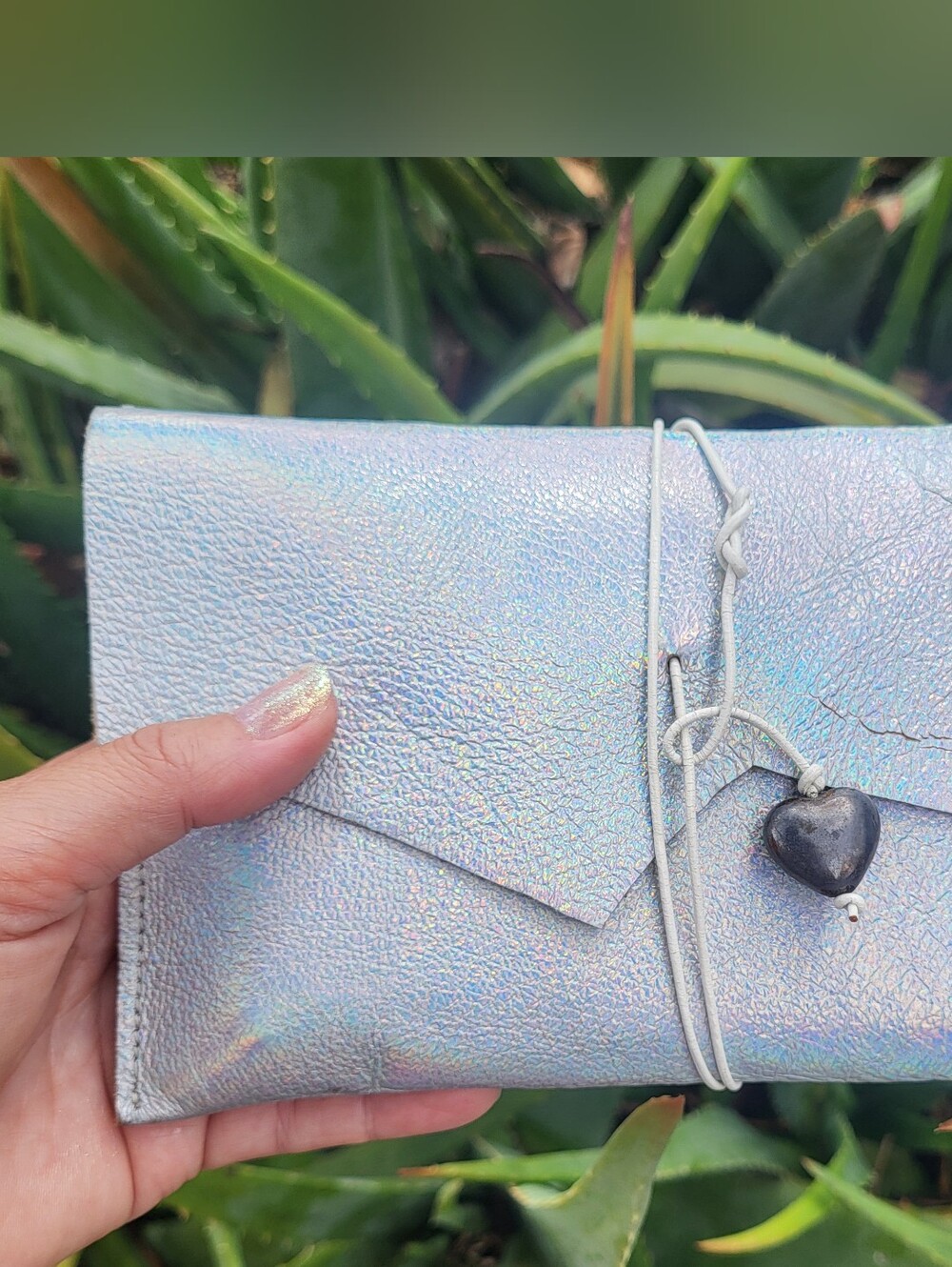 Handmade Silver Metallic Leather Clutch Wallet with Vintage Heart Char